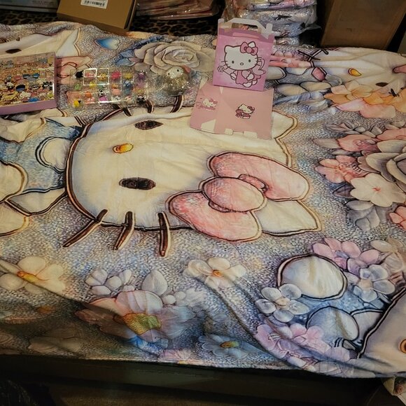 HELLO KITTY SET OF BLANKET, PLUSH, VARIOUS  CHARACTERS, & CARDBOARD LUNCH BOXES - Picture 1 of 7
